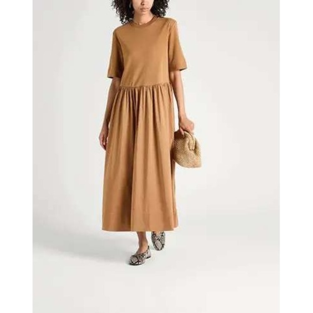 COS Beige Cotton Blend Gathered Waist T-Shirt Midi Dress with Pockets Large